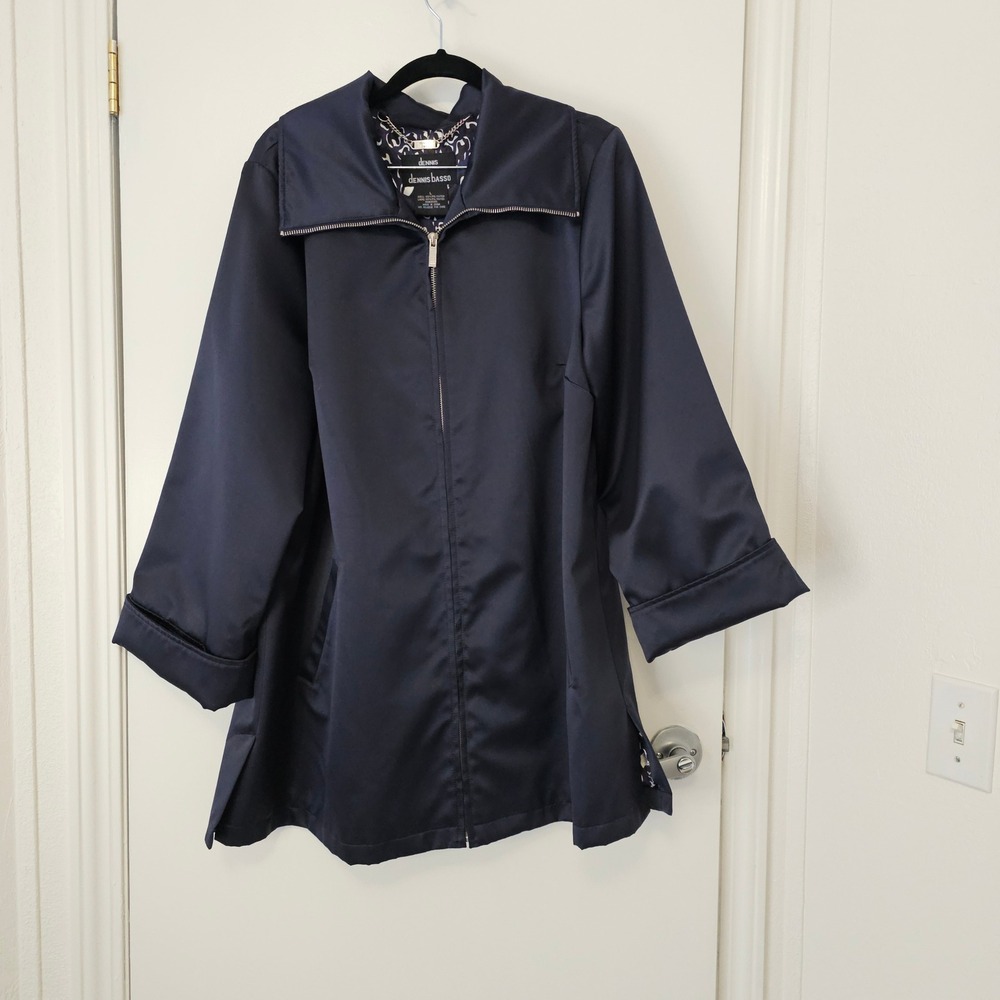 Dennis By Dennis Basso Navy Blue Coat Jacket L Zip Front Lined Springtime Jacket